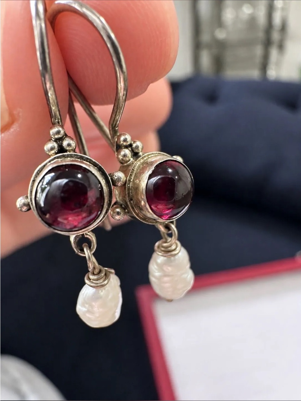 Vintage Handcrafted Garnet & Pearl Drop Earrings Sterling Silver